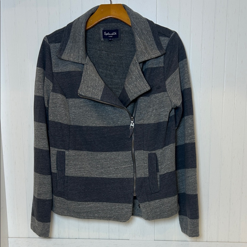 Splendid Gray Stripe Moto Jacket Zip Front Knit Jacket Size Large